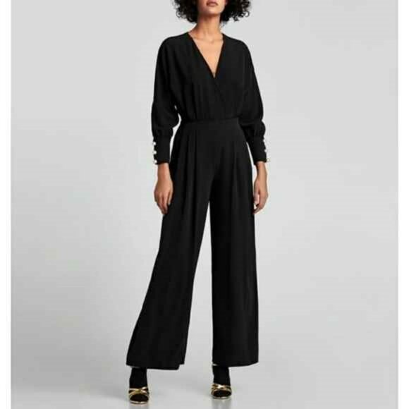 Zara Black Wide Leg Crossover Pearl Button Jumpsuit S - Picture 1 of 7